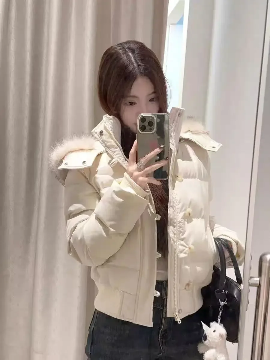 Women Ins Winter Hooded Cotton Coat American Retro Fur Collar Solid Color Warm Loose Casual Slim Cotton Jackets Outerwear
