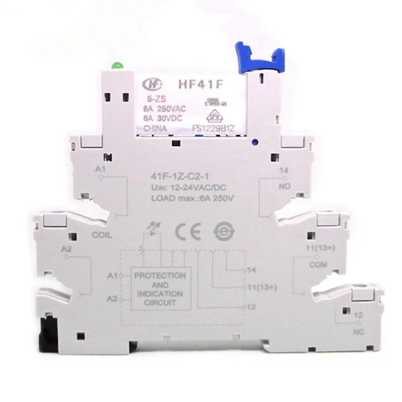 41F-1Z-C2-1 HF41F 5-ZS HF41F-12-ZS HF41F-24-ZS 5V 12V 24V 230V 6A 1CO Slim/SSR Relay Mount On Screw Socket with LED Wafer relay