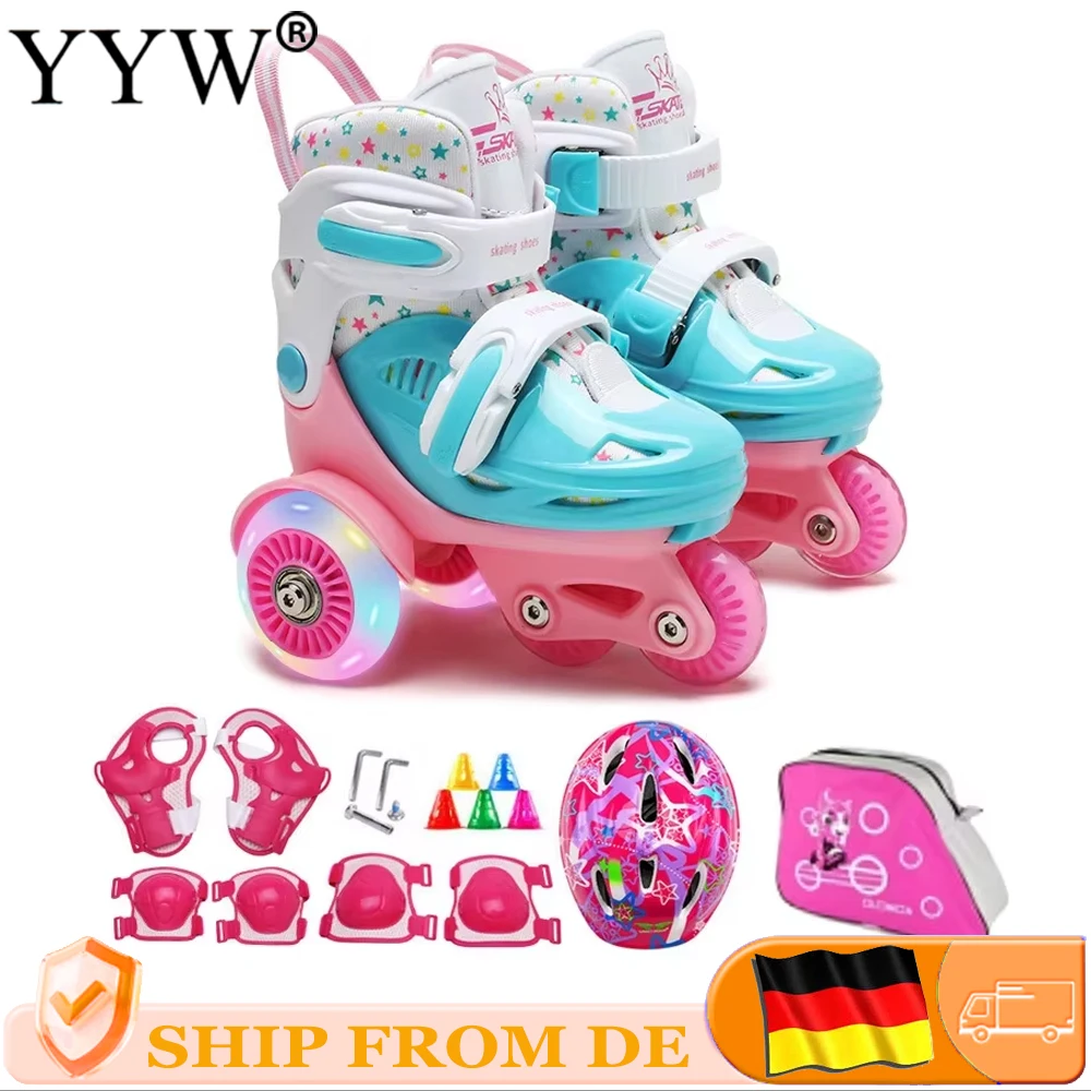 Kinder-Inline-Rollschuhe Komplettset, leuchtende Skateschuhe für Anfänger, verstellbare Größe, mit Knieschonern, Ellbogenschonern, Helm, Rollen, Rucksack