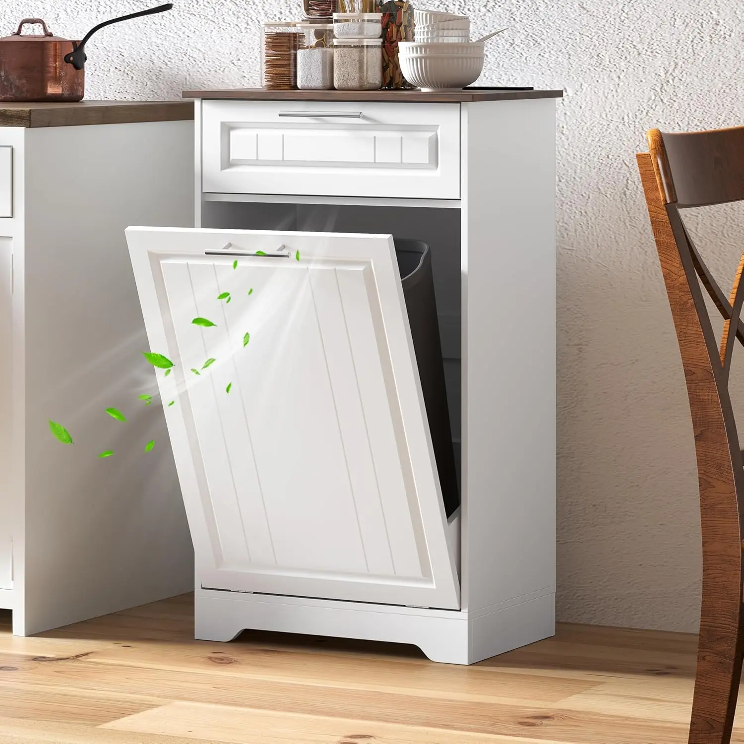 

10 Gal Tilt Out Kitchen Trash Can Cabinet with Deodorizing Function, Wooden Garbage Can Cabinet with Storage Drawer,