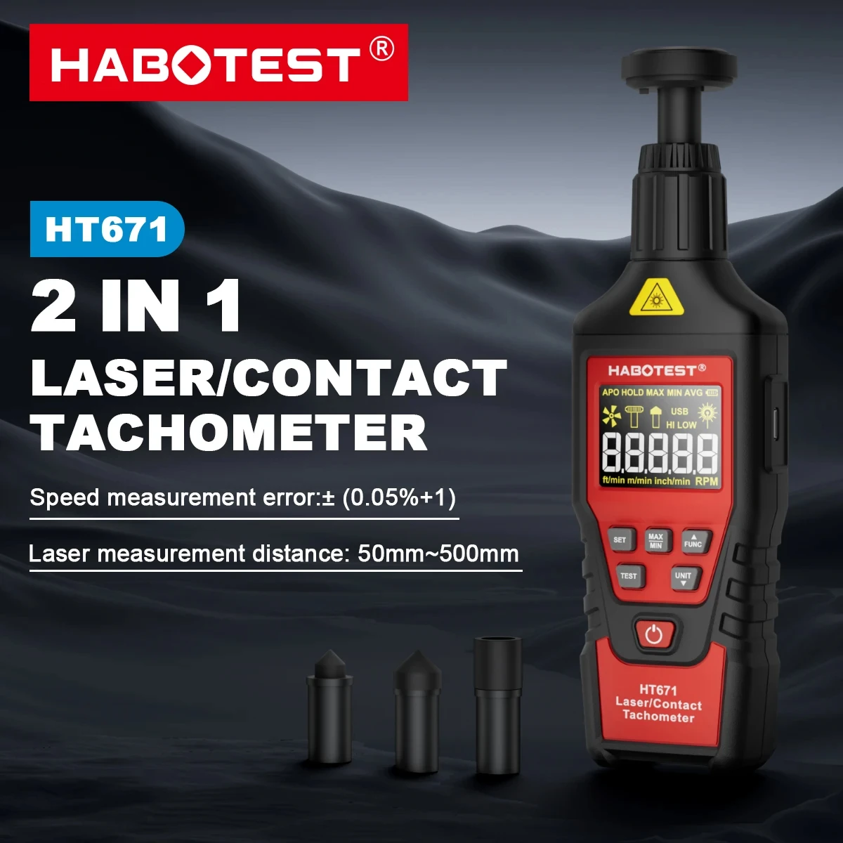 HABOTEST HT671 2-in-1 Contact and Non-Contact Laser Tachometer (Switchable Mode) 10-99999 Counting Range Rechargeable Tachometer