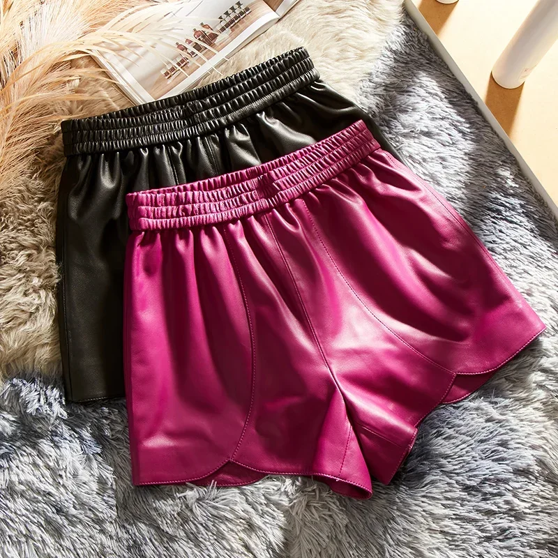 New High Waist Shorts for Women Pure Color Wide Leg Pants Women Genuine Sheepskin Leather Short Womens Clothing