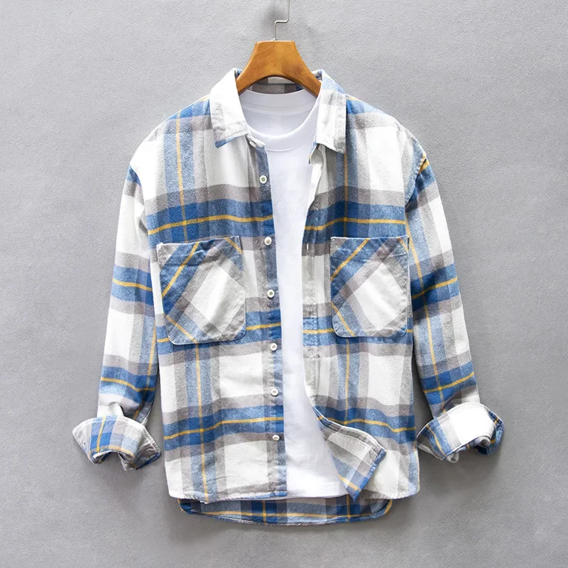 Men Clothing 2023 Japanese Plaid Casual Long-sleeved Shirt Men\'s Autumn Vintage Color Contrast Youth Lapel Loose Cotton Shirt