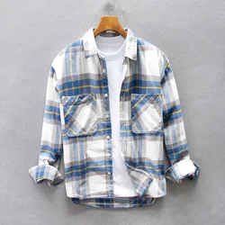 Men Clothing 2023 Japanese Plaid Casual Long-sleeved Shirt Men's Autumn Vintage Color Contrast Youth Lapel Loose Cotton Shirt