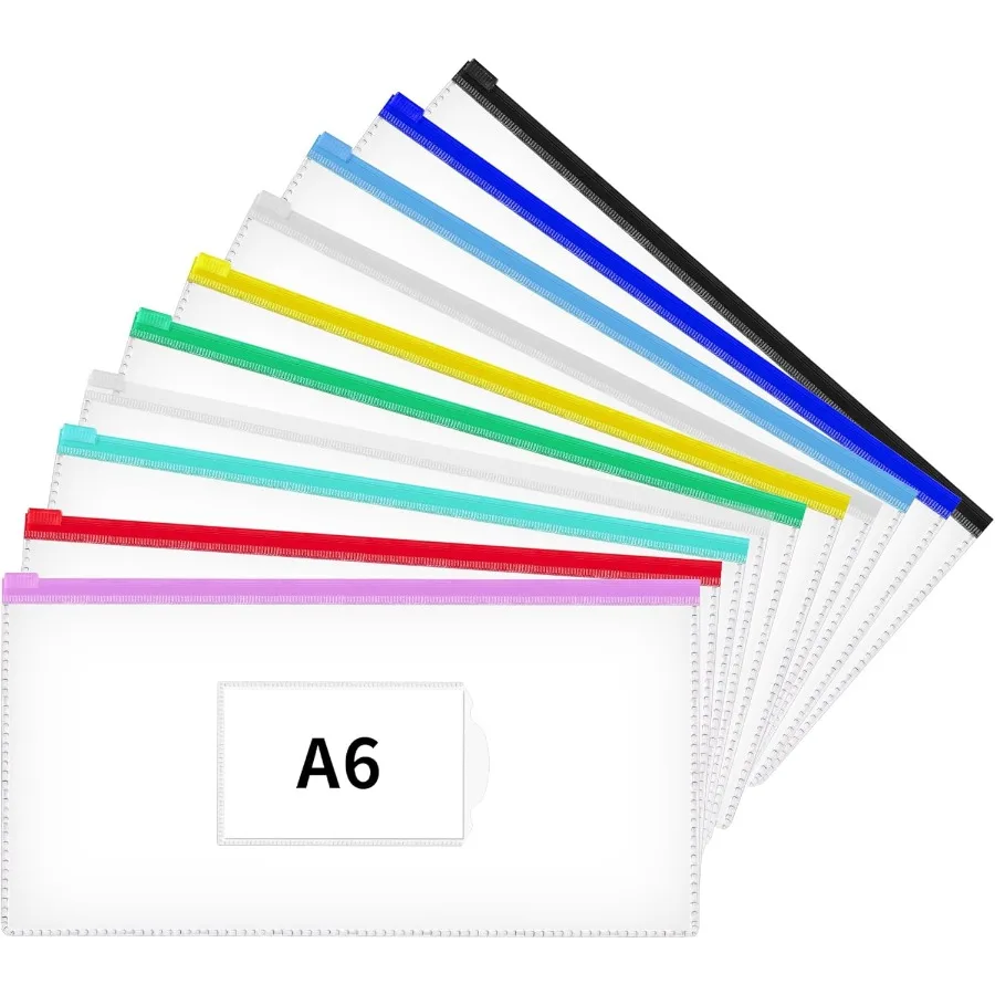 

10 шт. полиэтиленовый конверт на молнии формата А6, размер 9 x 4,7 дюйма, пластиковые пакеты на молнии с карманом для этикеток, 10 цветов, многоразовые прозрачные пакеты для школы