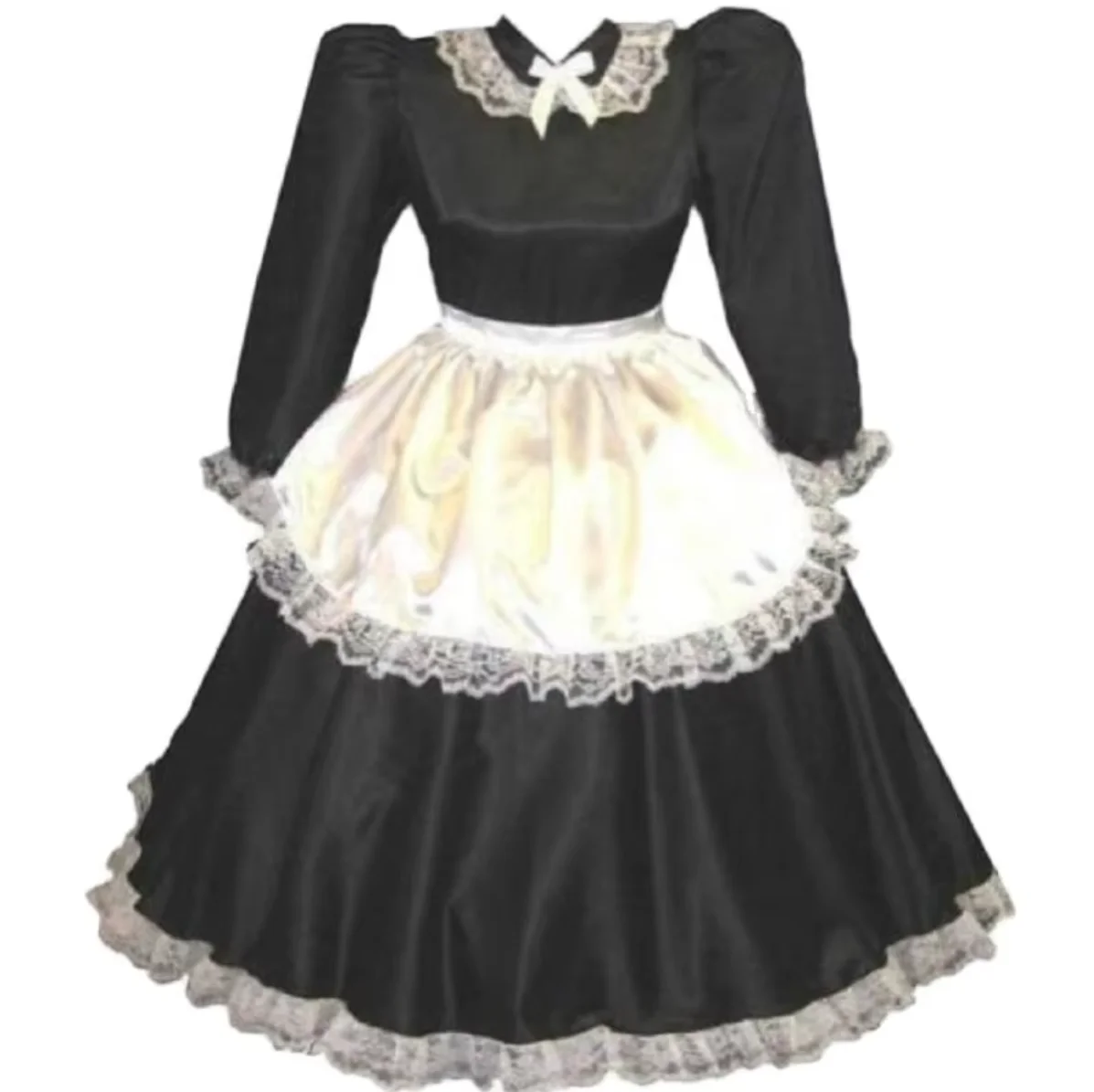 

New Lockable Sissy Dress Maid Adult Little Girl Giant Doll Clothing Black Satin Long Sleeve Lace Independent Apron Customization