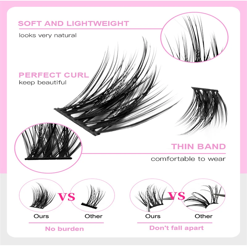 120 Clusters D Curl Eyelashes Handmade Thin Band Natural Adhesive DIY Segmented Eyelash Tweezers for Beauty Salons