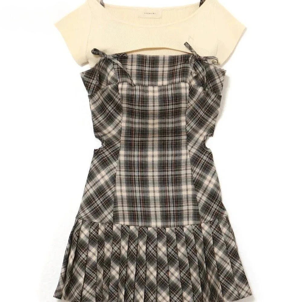 

Spring and Summer 2025 New Japanese Style Casual Suit Sweet Plaid Waist Hollowed Suspender Dress Blouse Two-piece Sets for Women