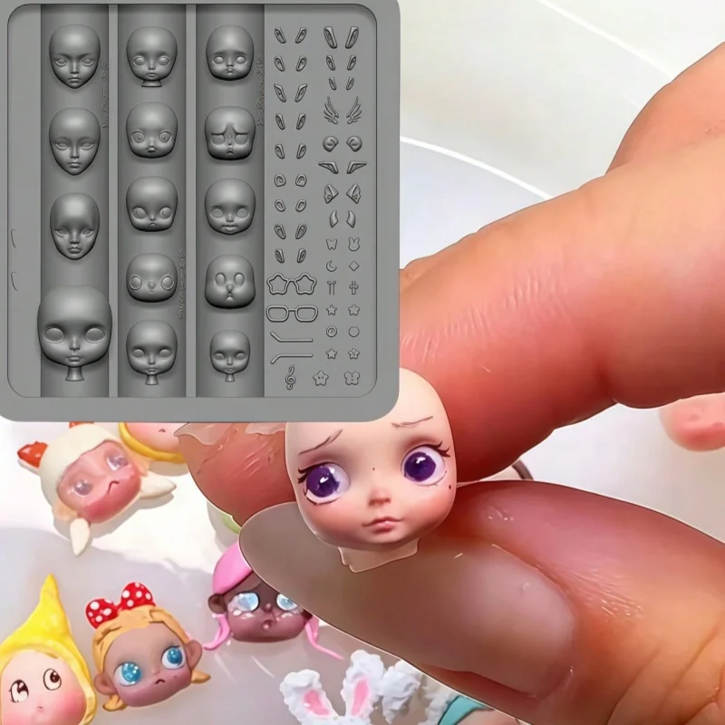 Mini Doll Head Face Sculpting Silicone Mold with Elf Ear Parts