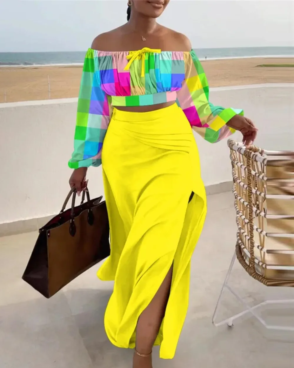 

Elegant Beach Style 2 Piece Set for Women, Off Shoulder Top, Split Skirt, Fashion Print, Autumn, 2022