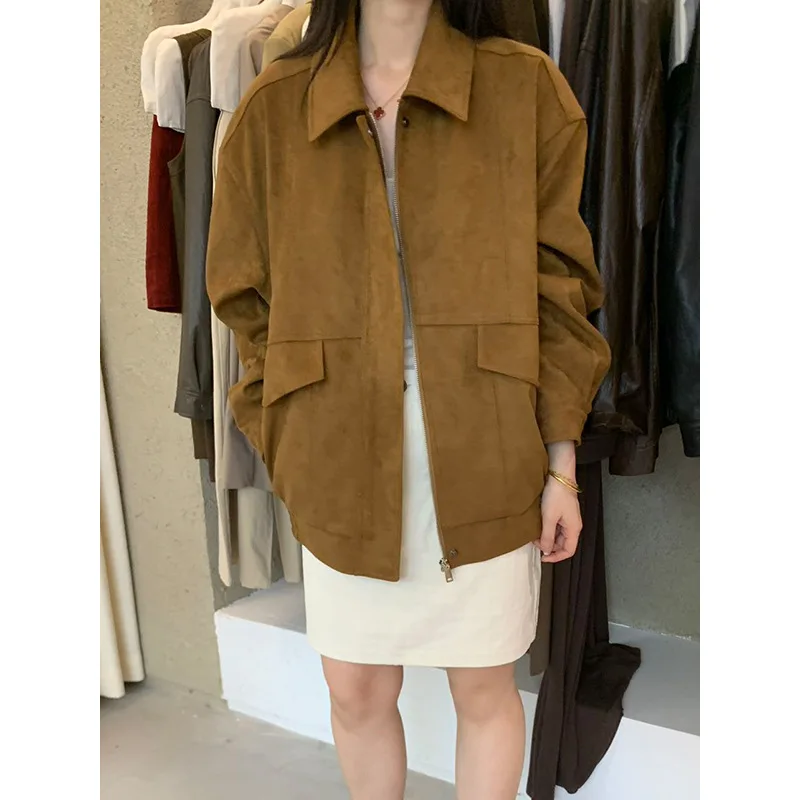 

2025New Retro Turn-Down Collar Suede JackettrenchLoose-fitting Zipper Leather Jacketnew coats and jackets
