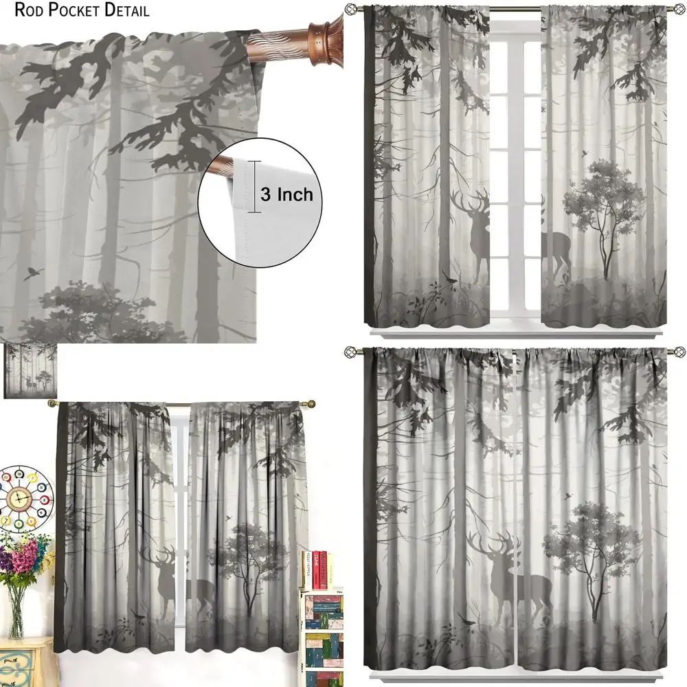 

Шторы с изображением лося и горного пейзажа в туманном лесу для гостиной, 2 панели, 72x63
