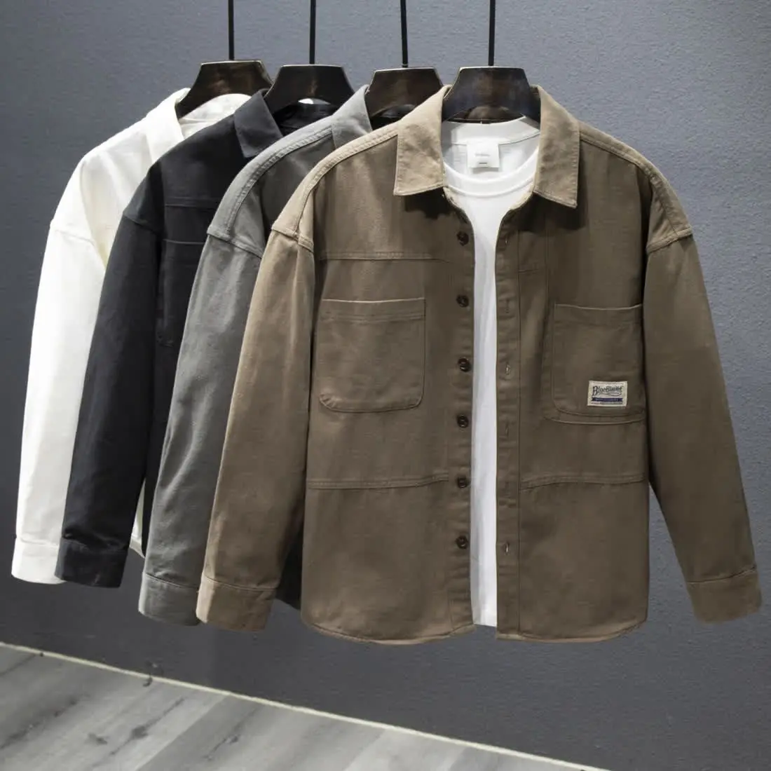 

Loose Fit Cotton Jaet irt Men's Casual Multi ket Color Top Spring Autumn Trendy Brand Workwear Long Sve Butto...