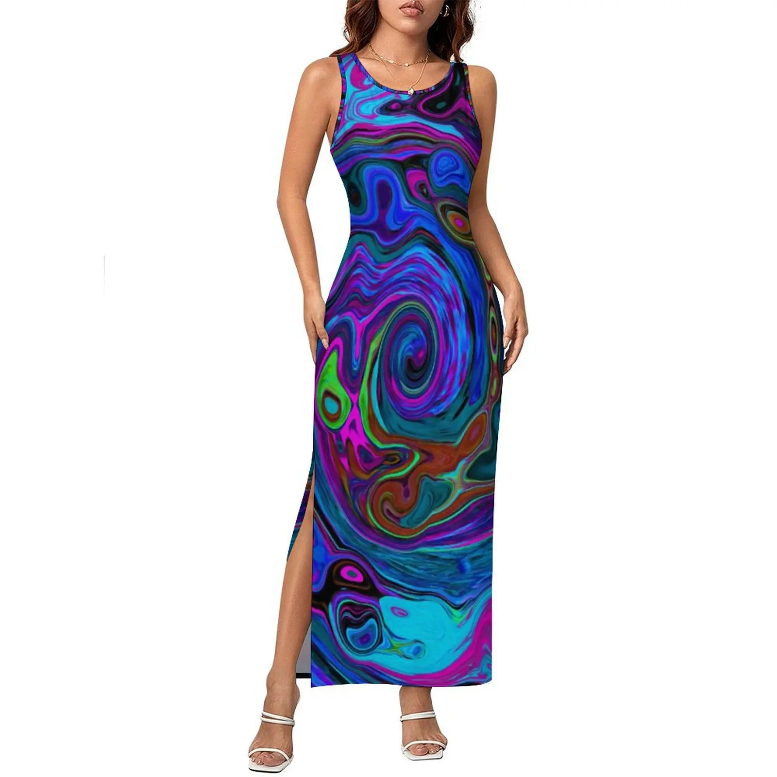 Grooviges Hippie-Druckkleid, ärmellos, blau und lila, flüssige Mode, Maxikleider, Vintage, figurbetontes Kleid, Damen, Übergröße, Vestidos
