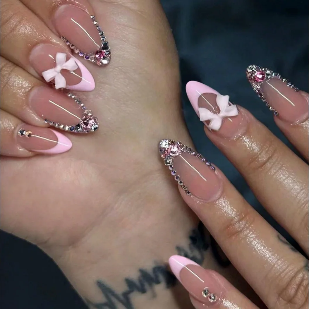 

24Pcs Pink Rhinestone French Fake Nails Mid-length Almond Wearable Press on False Nails with 3D Bow Design Full Cover Nails Tips