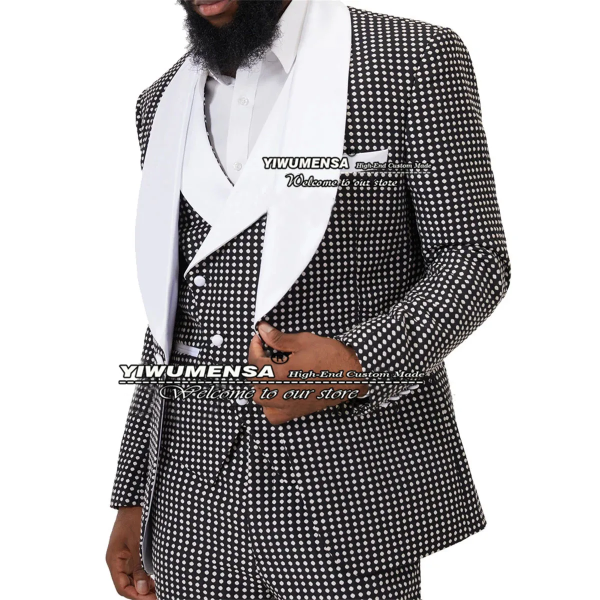 Traje de lunares para hombre, conjunto de chaqueta + chaleco + Pantalones, traje de 3 piezas con solapa de pico, esmoquin Formal para boda, fiesta de graduación, XZ845