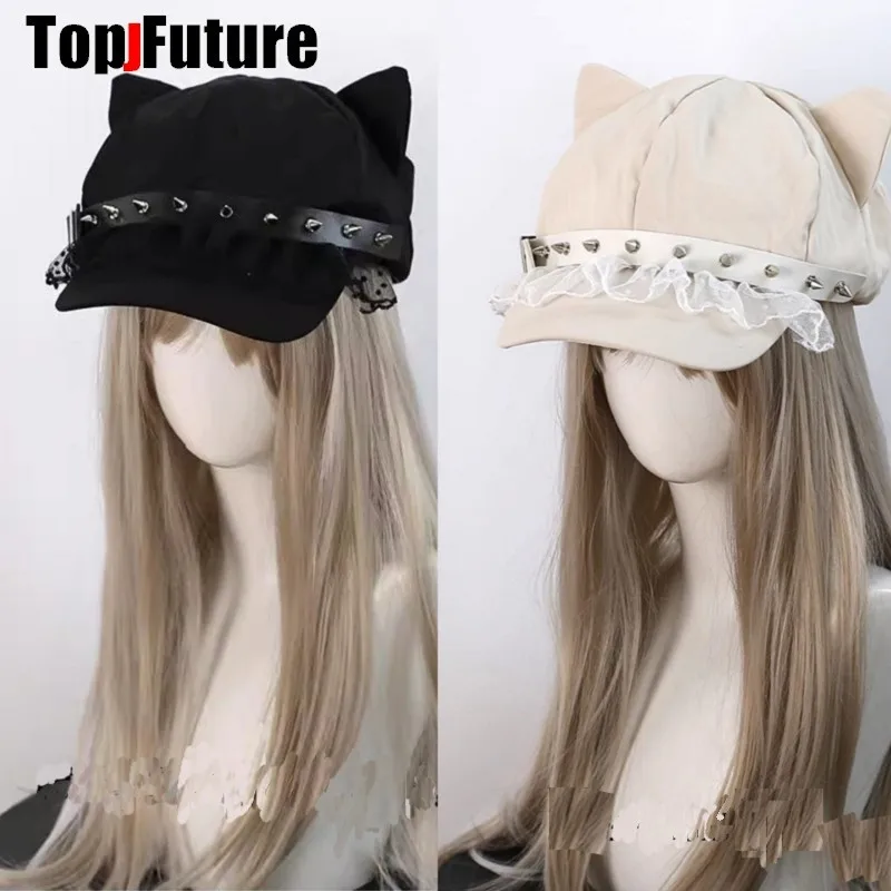 Unisex Cat Ear Spike Ruffle Customized Women Lac Harajuku Gothic Lolita Beret hat Cap Y2K Girl Cat ear Steampunk Punk  Sun hats