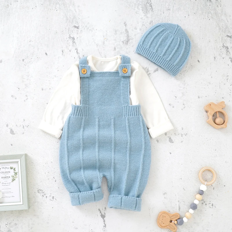 Baby Jungen Mädchen Stram pler Hüte Kleidung Mode ärmellose gestrickte Neugeborenen Neugeborenen Riemen Overalls Outfits Sets Kleinkind tragen