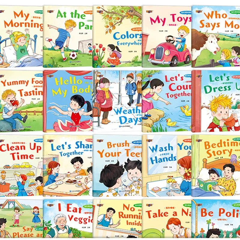 20PCS Kids English Enlightenment Picture Books Set Cognitive Habit Bilingual Storybooks for Toddlers Preschool Learning