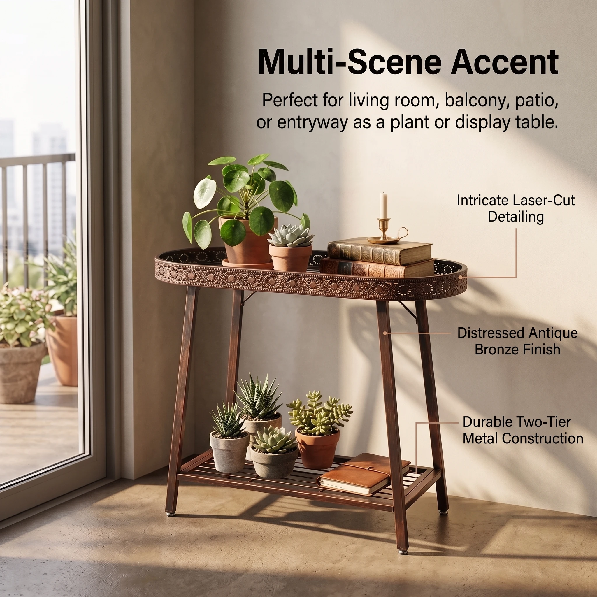 2-Tier Metal Plant Stand, 31.5 Inch Vintage Flower Pot Display Shelf with Distressed Bronze Finish and Adjustable Feet, 55 lbs per Tier, for Plant Lovers, Living Rooms and Covered Patios