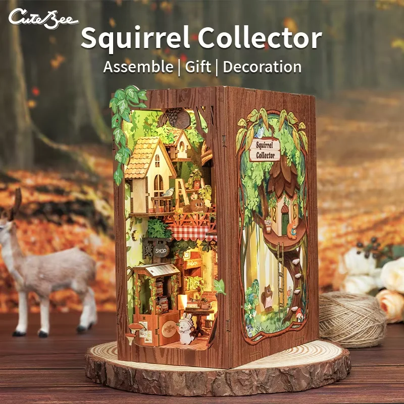 

CUTEBEE DIY книжный уголок комплект деревянный кукольный домик 3D головоломка со светом мультяшный стиль книжная полка вставка Декор подарок коллекционер белки