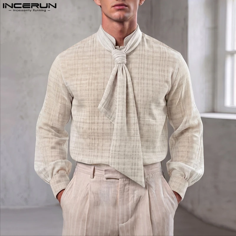 INCERUN Men's Shirt Plaid Long Sleeve Loose Tie Up Casual Men Clothes Streetwear See Through Shirts Fashion Tops For Man Camisas