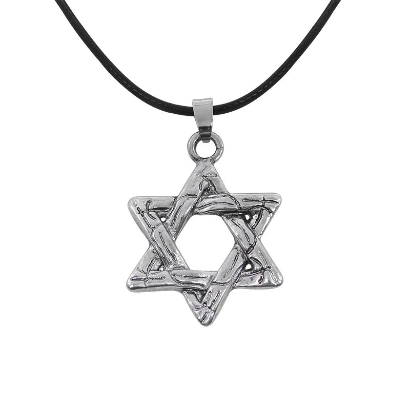 Retro Six-pointed Star Star of David Double-side Engraved Pendant Necklace for Men Hexagonal Star-shaped Leather Rope Chain Gift