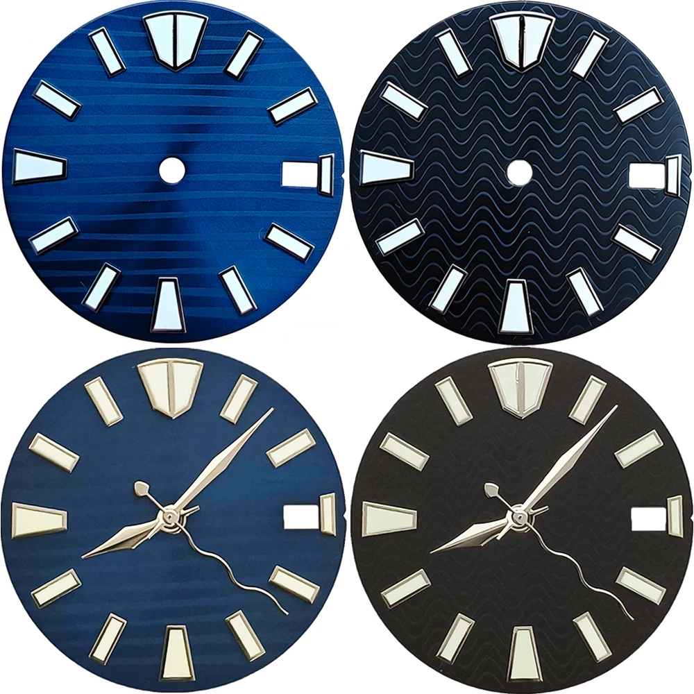 28.5mm Black/Blue Watch Dial for NH35 NH36 Movement Large Studded Dial Green Luminous Watch Face with/no Hands Accessories