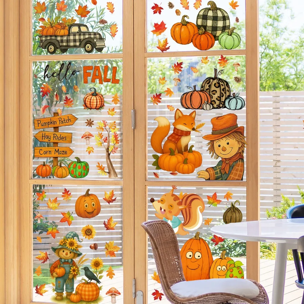 Fall Window Clings Autumn Pumpkin Fox Leaf Decals Hello Fall Glass Stickers Reusable Thanksgiving Decor for Office Home Party