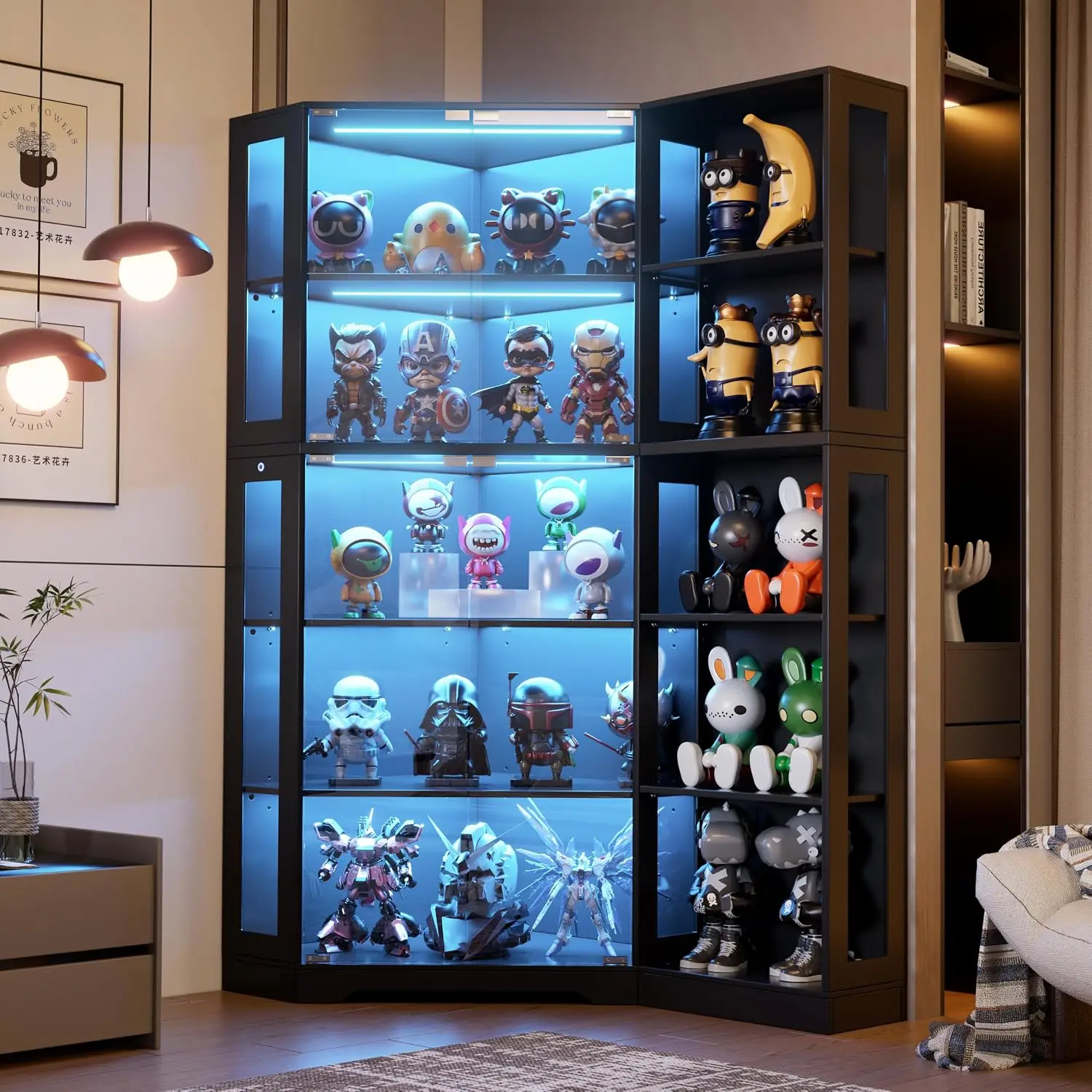 Corner Display Curio Cabinet with Glass Doors, LED Lighted Display Case for Collectibles,5-Tier Storage Shelves for Living Room