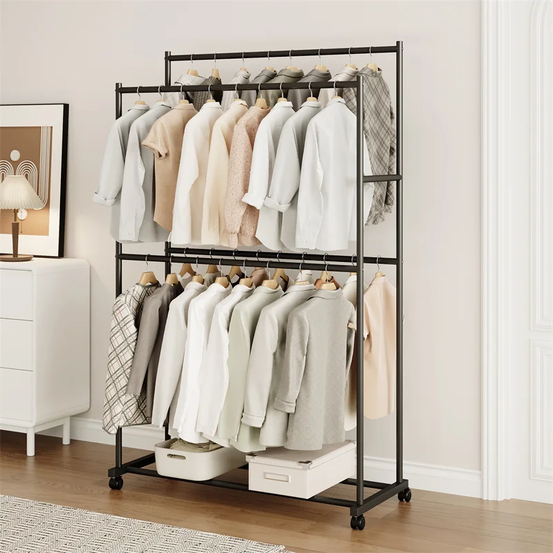 Simple Floor-Standing Clothes Drying Rack for Home Use in the Bedroom, Movable Clothes Hanger, Indoor Clothes Drying Rod, Dormitory Double-Rod Coat Rack