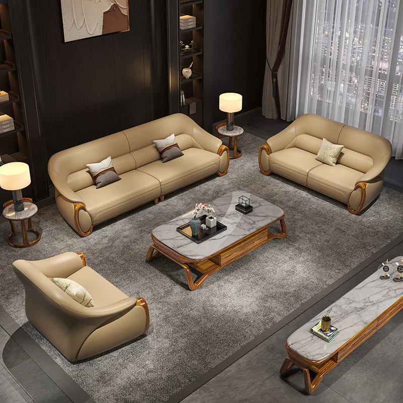 Leather sofa first layer thick cowhide new Chinese living room solid wood sofa combination