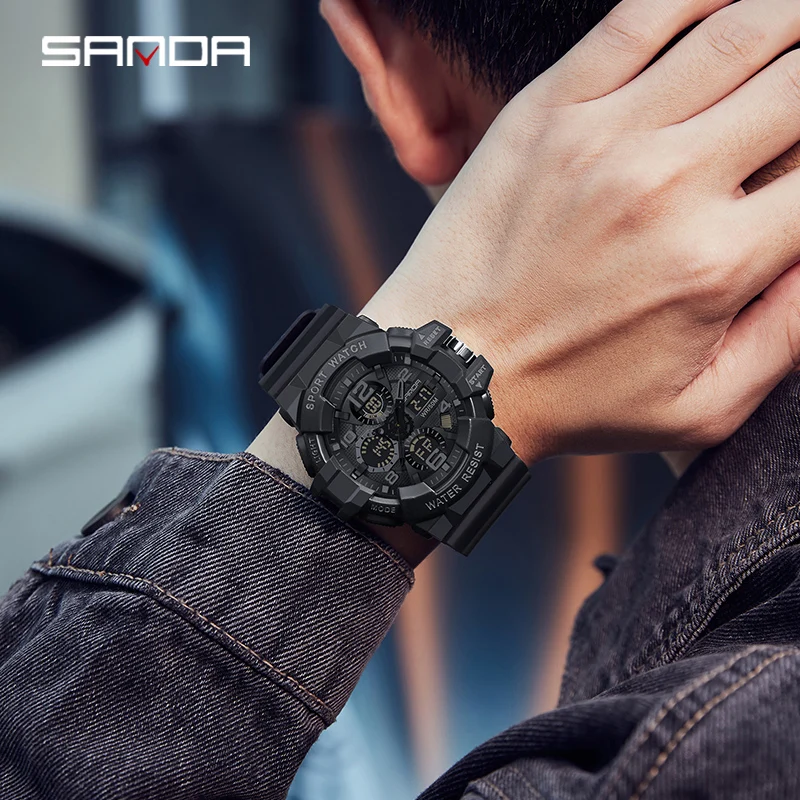 SANDA Men Sports Quartz Watches Dual Display G-Style LED Electronic Digital Wristwatches Waterproof Military Watch Shockproof