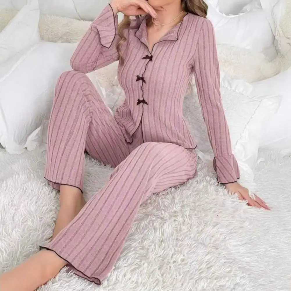 

Комплект одежды для сна, повседневная одежда для дома, пижамы, осенняя ночная рубашка, 2025 г., декор с бантом, женский пижамный комплект из 2 предметов, топ с длинными рукавами, длинные брюки