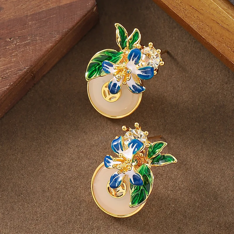 

Fashionable and personalized new Chinese style enamel drop glaze lucky jade peony flower earrings elegant palace style earrings