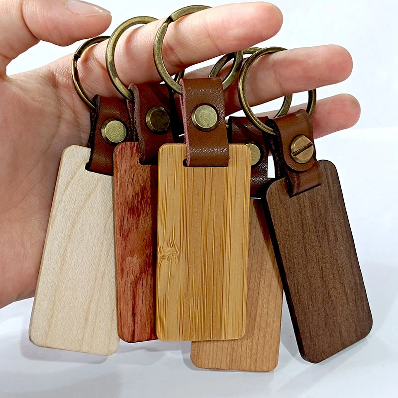 10-100Pcs Leather Blank Wooden Key Chains Wood Leather KeyChain Key Tags Rectangle Plain Keyring Blank Wooden Keychain