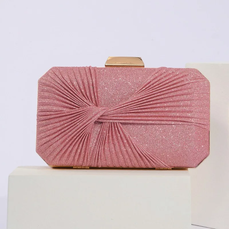

Pink Pleated Banquet Handbags for Women Pure Color Ruched Knot Champagne Clutch Bag Bright Fabric Evening Bags Bolsos Para Mujer