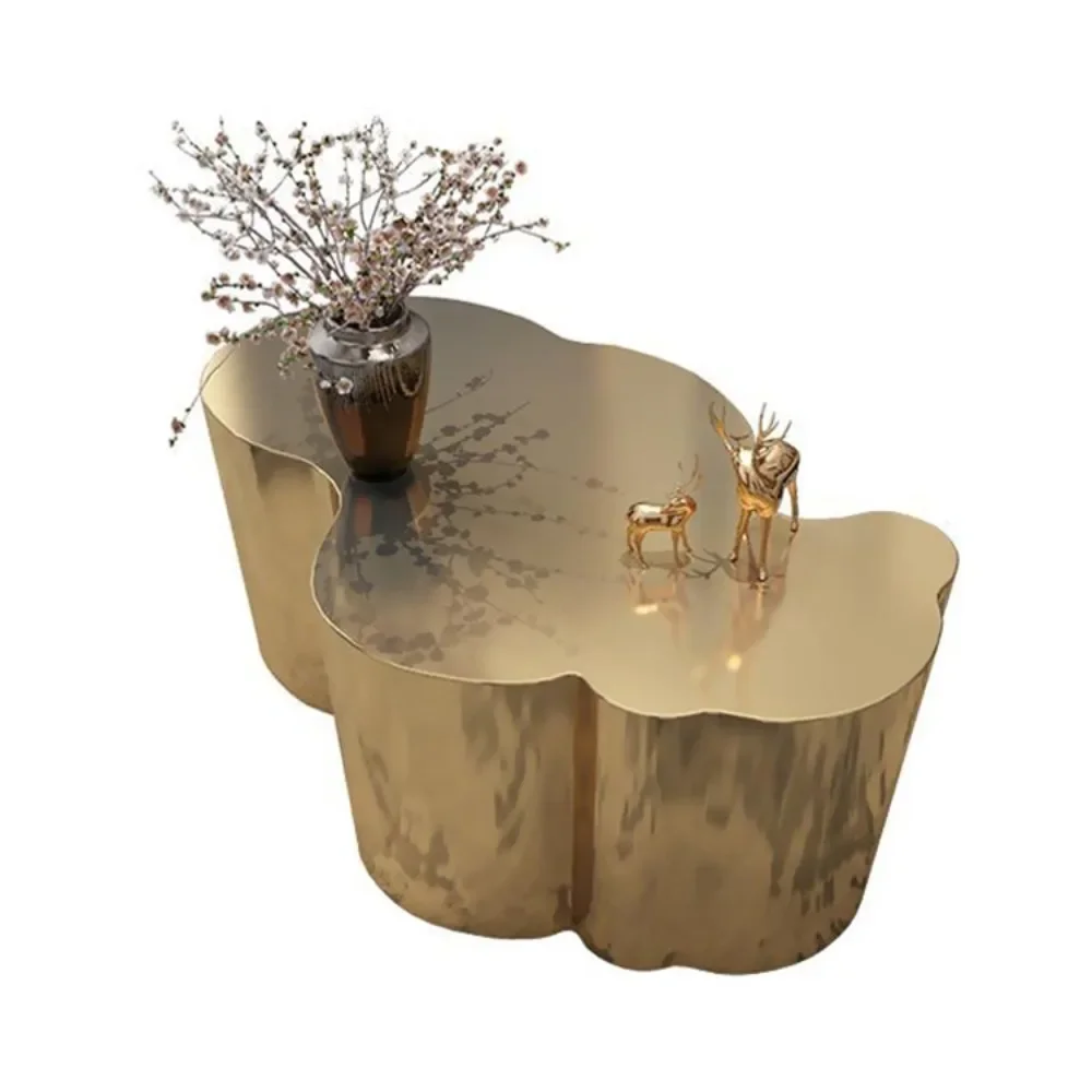 Couchtisch aus Edelstahl 304, Möbel ins Wind, Wohnzimmer, Spiegel, Teetisch, modern, schlicht, unregelmäßig, bionischer Holzflor-Tee