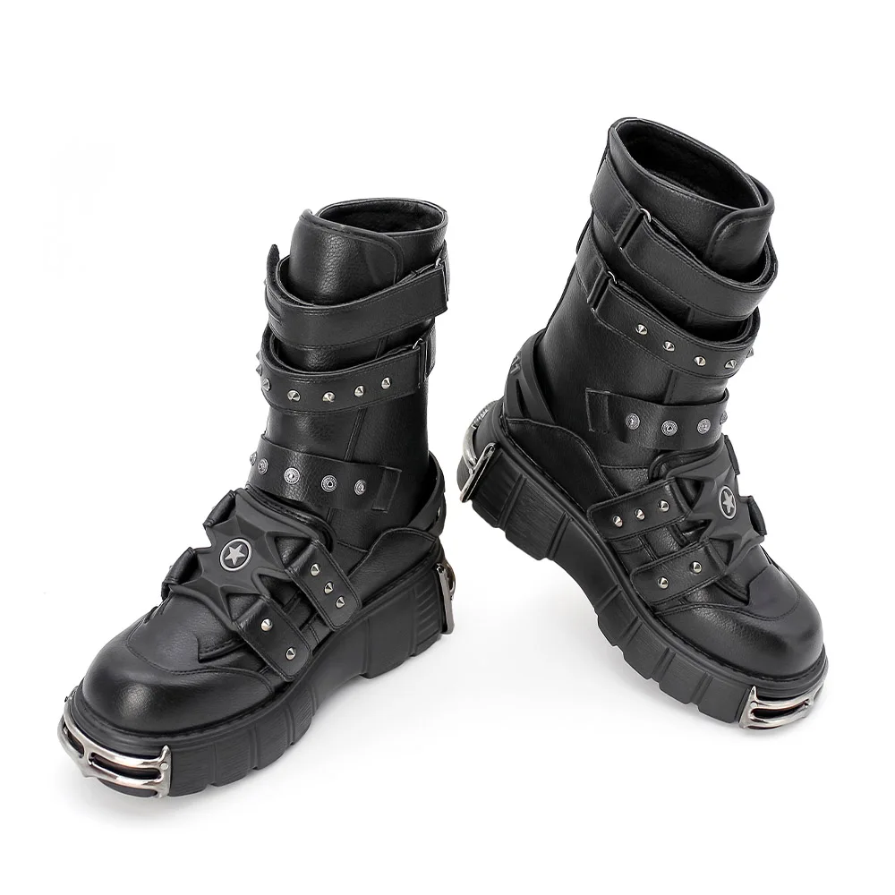 2023 New Punk Style Men and Women Boots High Heel Platform Shoes Height 6CM Woman Gothic Ankle Rock Boots Metal Decor Retro