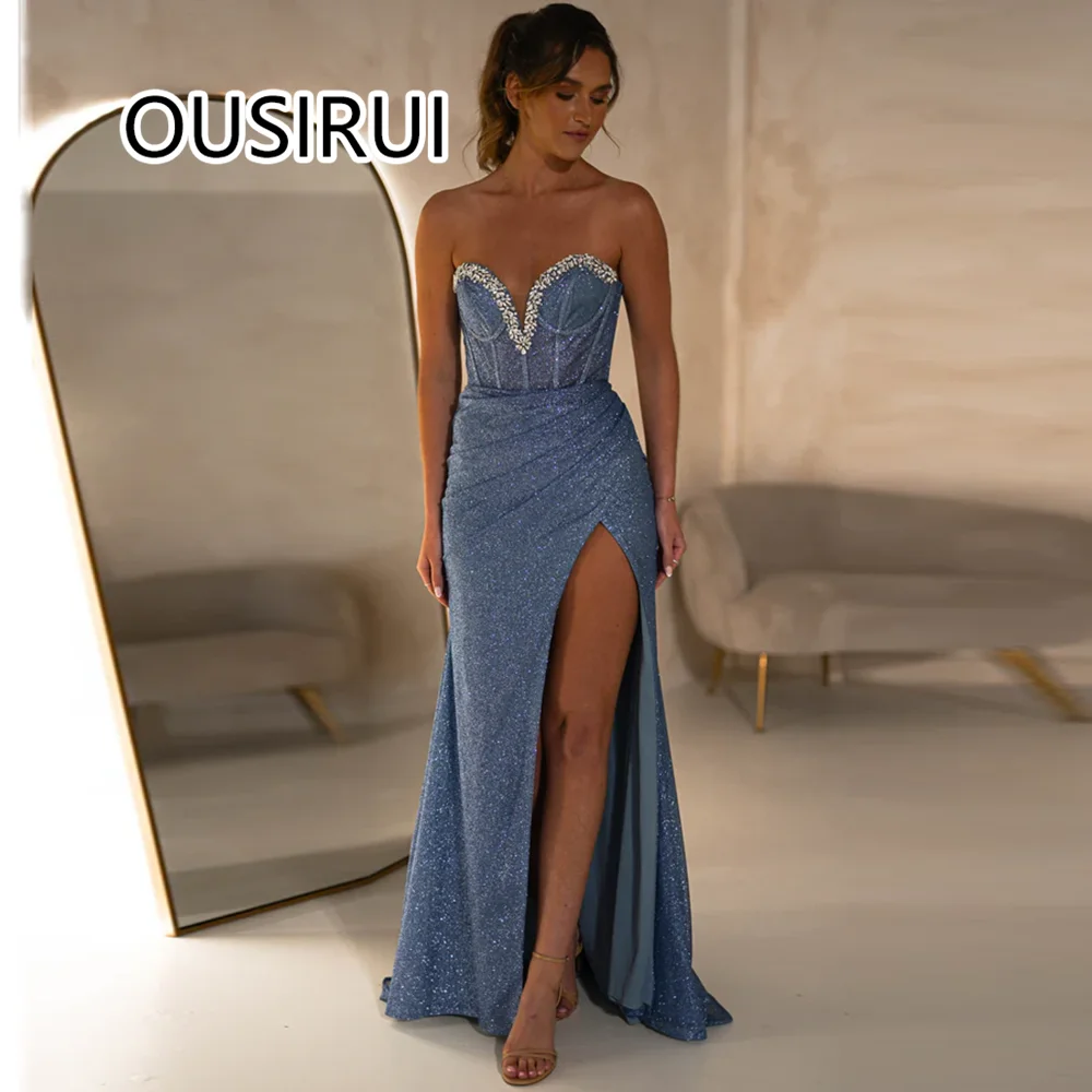 

OUSIRUI Charming Off-Shoulder Strapless Glitter Women Prom Party Dress Sexy Mermais Side Split Court Backless and Lace up Gown