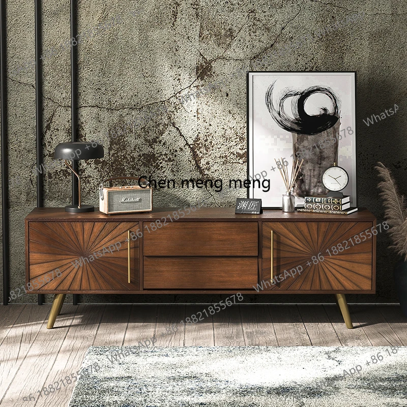 Solid wood skeleton line TV cabinet Modern simple floor cabinet Locker Medium antique small apartment living room TV cabinet