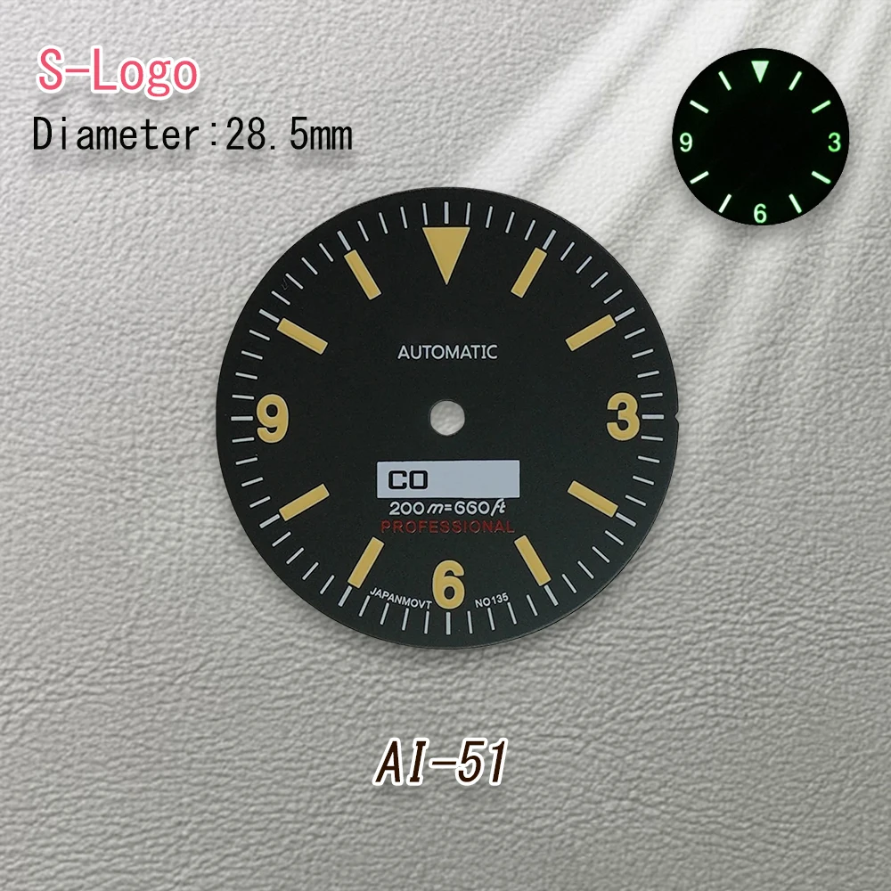 28.5mm de alta qualidade logotipo s retro mostrador verde luminoso adequado para movimento nh35 nh36 acessórios relógio reparação ferramenta modificação