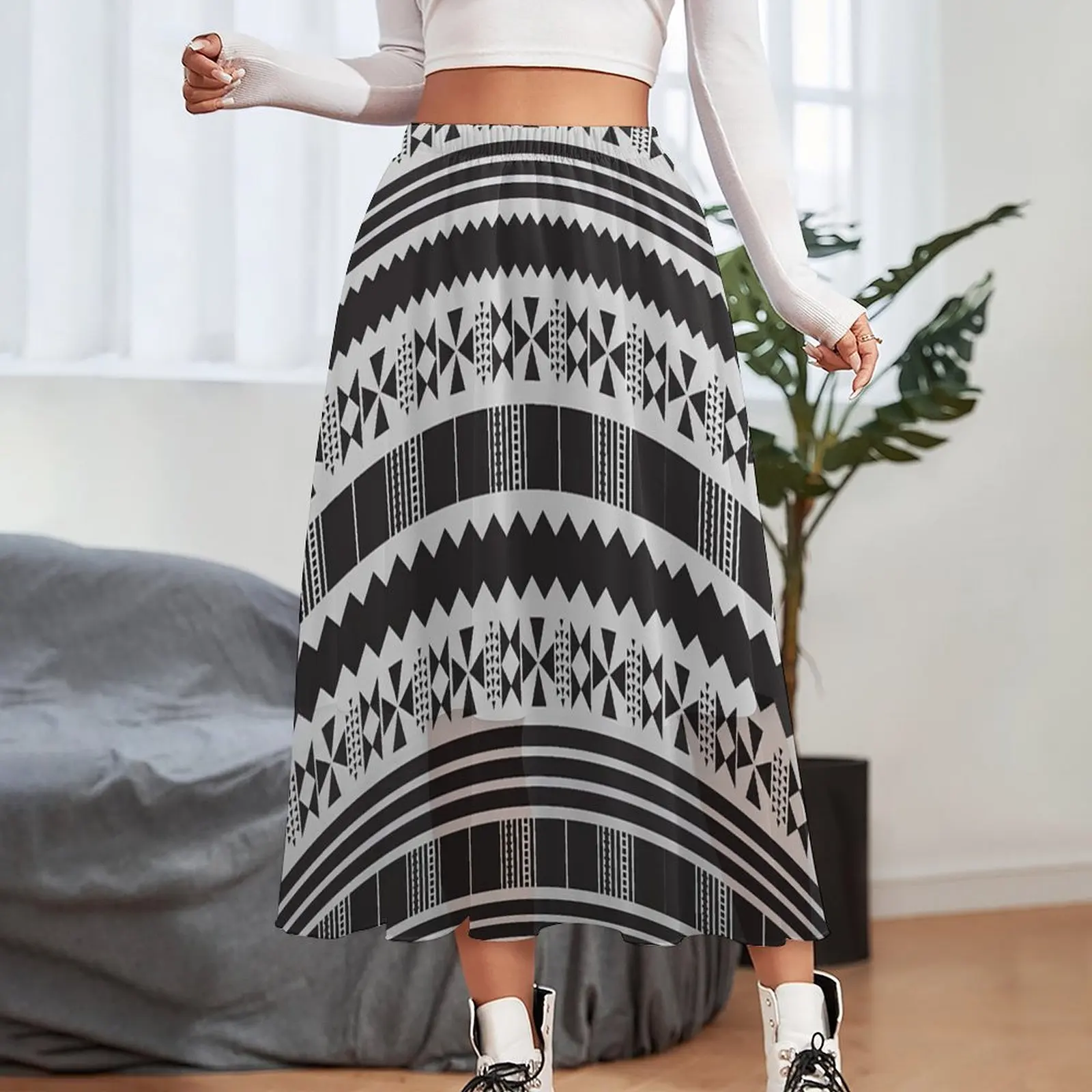 Abstract Ethnic Aztec Skirt Female Black And White Cute Boho Skirts Graphic Elastic Waist Street Fashion A-line Skirt 3XL 4XL