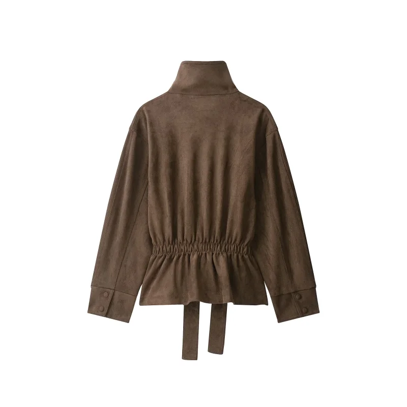Damen Herbst Winter Hochkragen Wildlederjacke Einfarbig Einreihig Langarm Gürtel Tailliert Lockerer Mantel Lässige Mode Streetwear – Detail 14