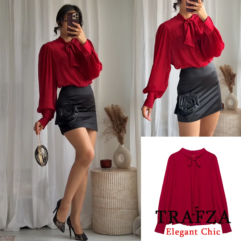 

TRAFZA Women Elegent Red Shirt Bow Tie Long Sleeve Shirt New 2025 Fashion Spring Fall Commuter Date Party Fromal Charmin Shirt