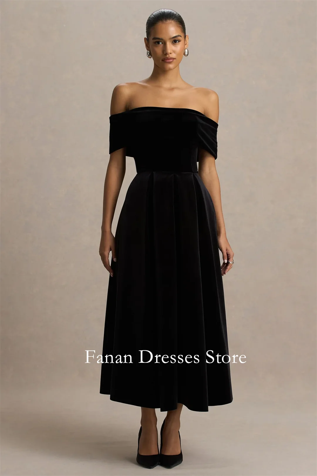 

FANAN Black Velvet Bardot-Neck Maxi Dress Evening Party Dresses Simple Wedding Women Gowns Event Prom Gowns Customized