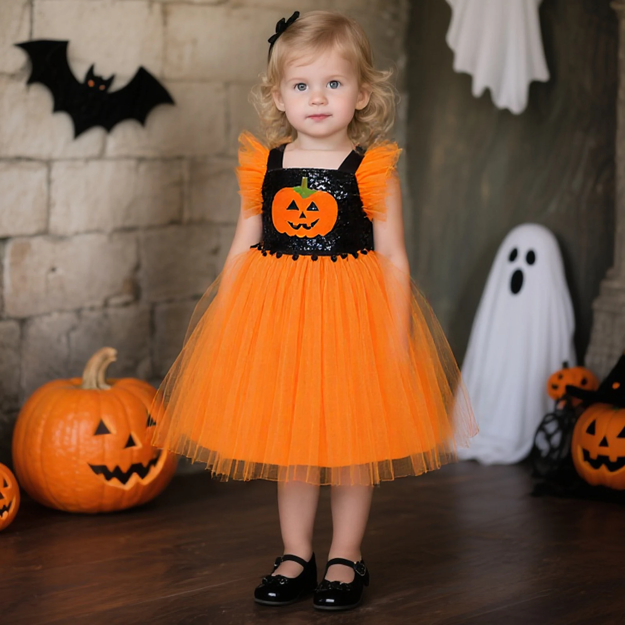 

Sequin Pumpkin Hallowen Baby Girls Dresss Cosplay Halloween Christmas Costume Toddler 1st Birthday Dresses Tulle Wedding Gown