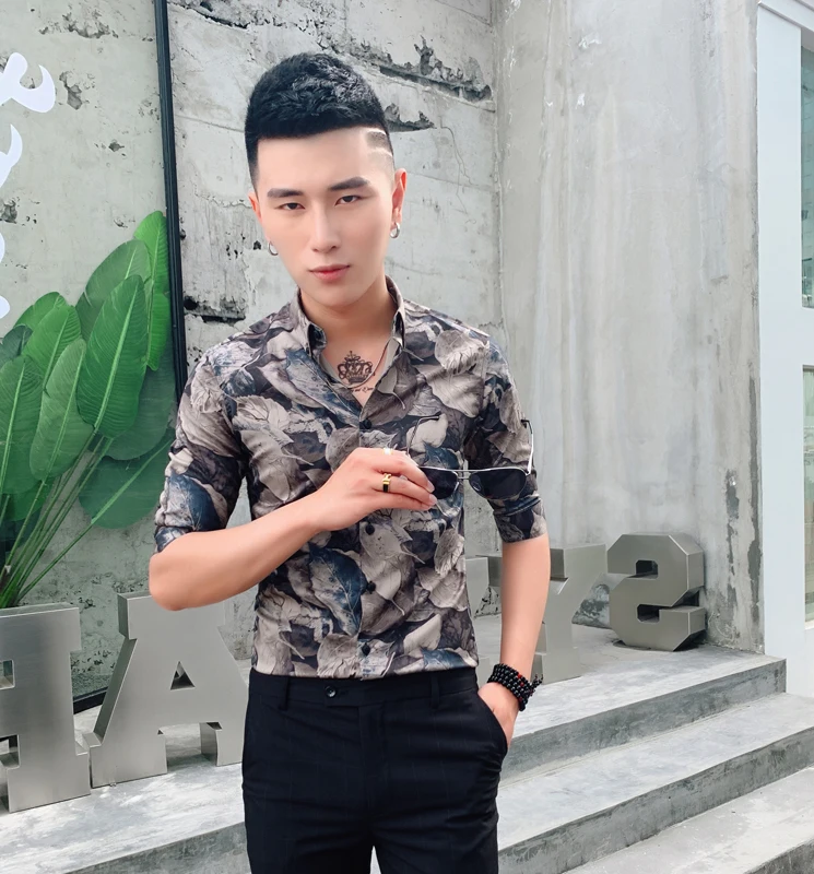 

Summer Men's Shirt Fashionable Printed Slim Fit Short Sleeve Casual Korean Version Five-Quarter Sleeve Urban Style Youth Fashion