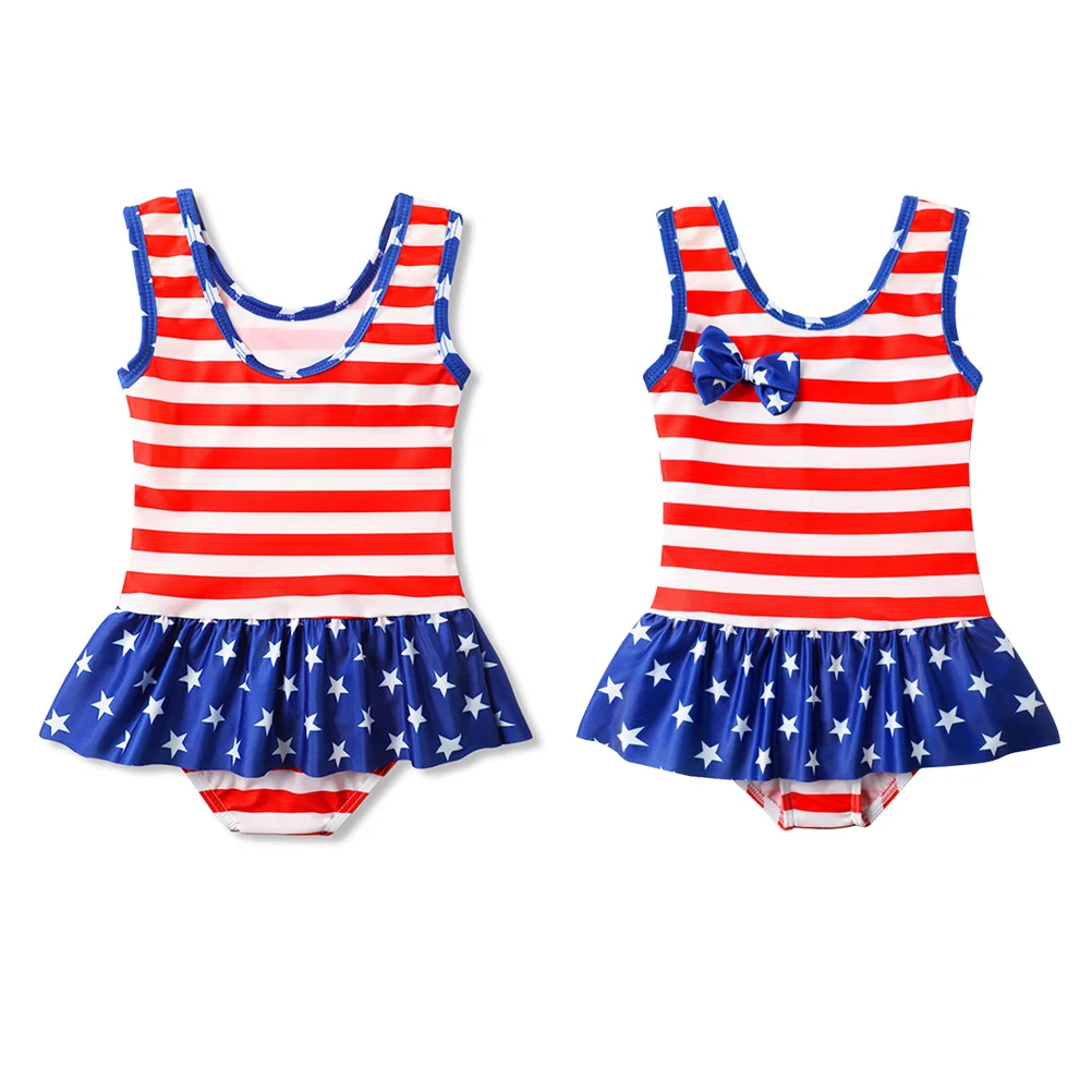 

Girl Swimming Costume America Flag One-Piece Swimsuit Baby Girl 6t 6-8 Years Old Flouncing Lace Summer Surfing Pool Party
