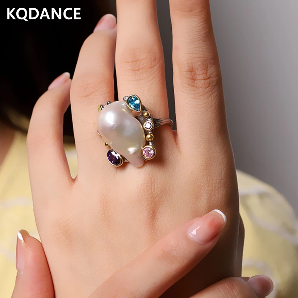 KQDANCE Solid 925 Sterling Silver With Blue Purple Crystal Long Baroque Shaped Pearl Rings For Women Fine Jewelry Wholesale